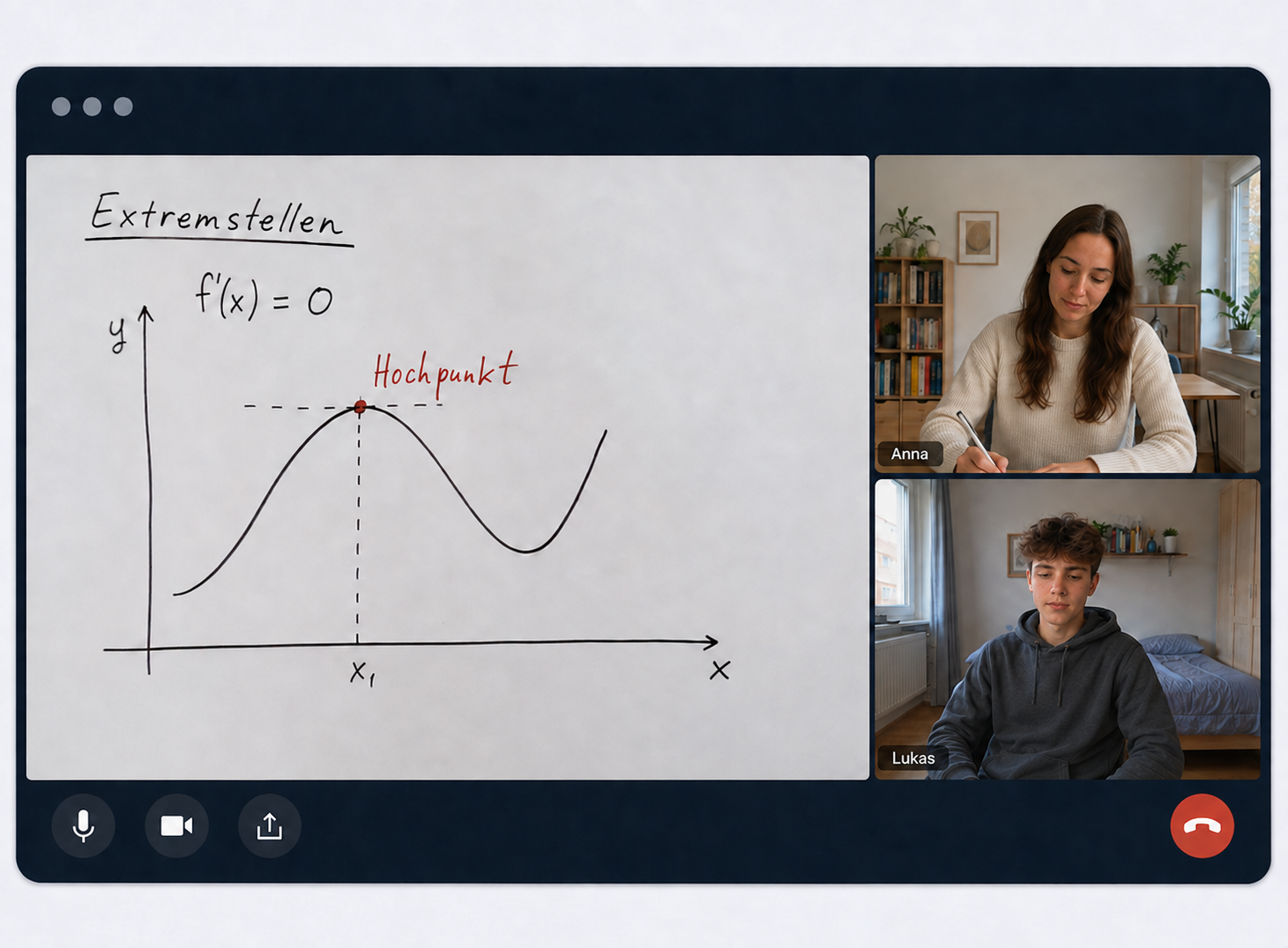 Coach und Sch&uuml;lerin arbeiten im Videocall gemeinsam an einer Extremwertaufgabe